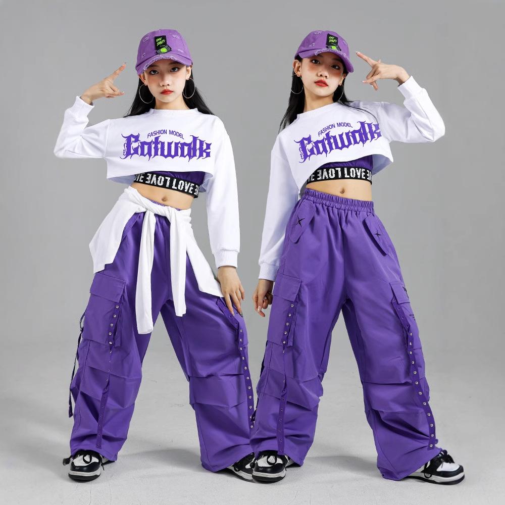 Hip Hop Mädchen K-Pop Crop Top Lila Cargohosen Kinder Street Dance Outfits Kinder Streetwear Gruppe Jazz Kleidung Sets