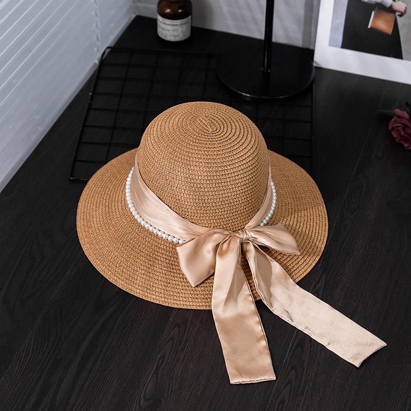 Elegant Women's Sun Hat with Bow & Faux Pearl Accents - Breathable, Wide Brim Straw Bucket Cap for Summer