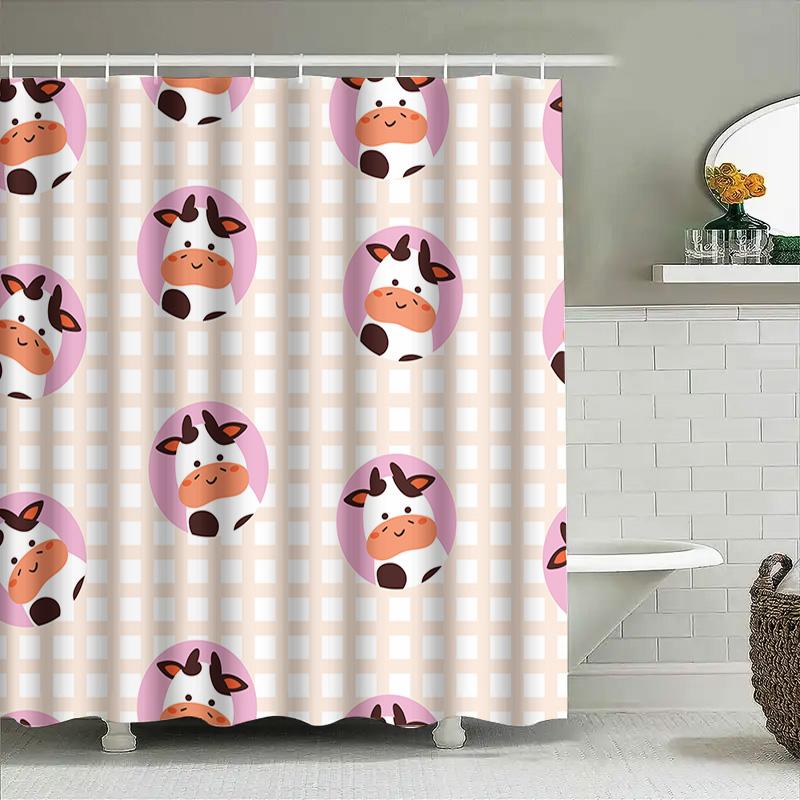 Pink Cow Printed Shower Curtain Cute Bathroom Decor For Kids Bathrooms Waterproof Fabric With Hook Rings Set (180X245Cm)