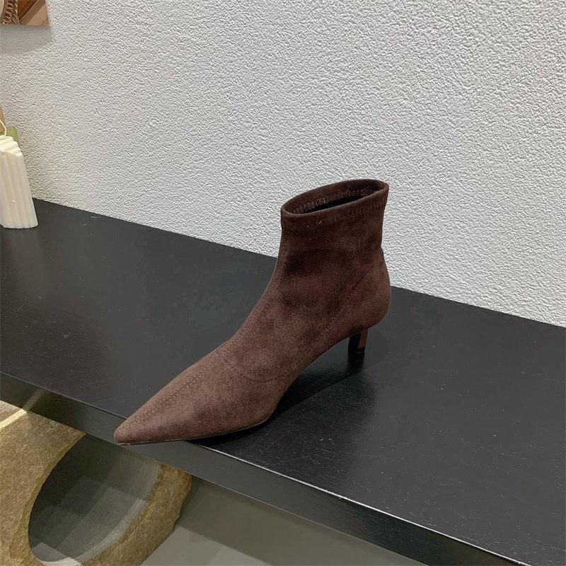 French pointed short boots women's 2025 summer and autumn new stiletto suede thin bare boots Internet celebrity elastic socks Martin boots