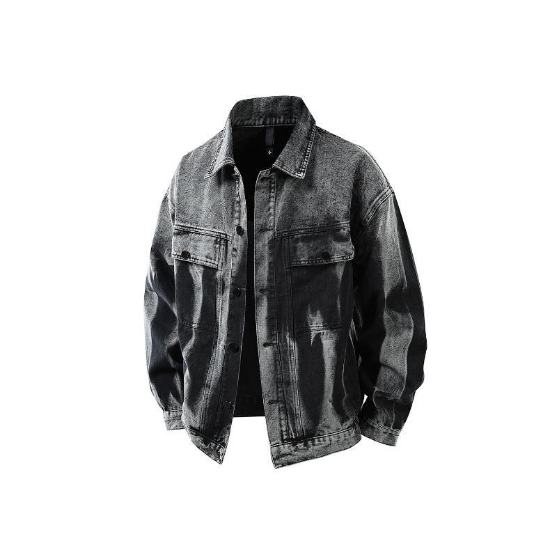 Tie-dyeed Old Lapel Short Denim Jacket Men's Autumn and Winter Jacket Button Cardigan Top
