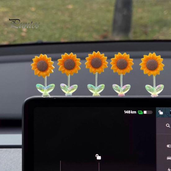 Non Residual Adhesive Ornaments 5Pcs Wobble Sunflower Car Dashboard Decor, Resin Spring Flower Ornament Interior Decoration Flowers with Slip