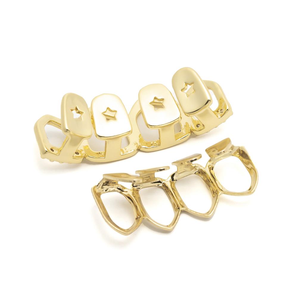 New Hollow Out 18K Gold Plating Grillz Iced Out Brass Zircon Four Teeth Hip Hop Grillz