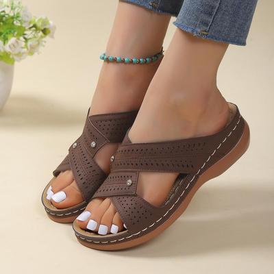 Plus Size 2023 Casual Round Toe Cross Strap Cutout High Heel Women's Wedge Slippers