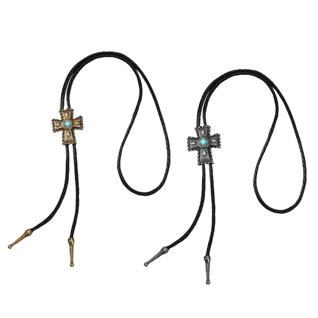 Vintage Faux Leather Cord Bolo Tie with Turquoises Crosses Pendant Adjustable Chain Necktie Necklace for Western Fashion
