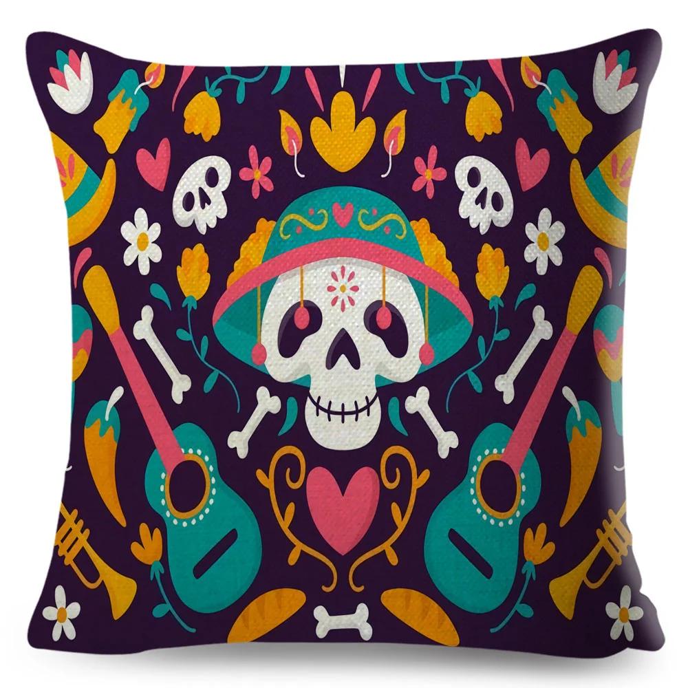 Day Of The Dead Pillowcase Decor Cartoon Mexico Flower Skull Print Cushion Cover for Sofa Home Polyester Pillow Case 45x45cm