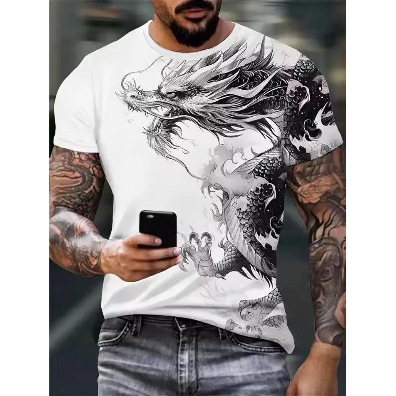 Tricou bărbătesc cu imprimeu de dragon în amestec de bumbac - Guler rotund elegant, confortabil și respirabil, pentru ținute casual de vară, de zi cu zi - Promoție