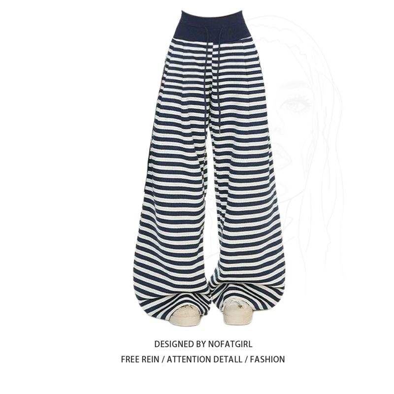 

Plus-Size American Retro Striped Drawstring Casual Pants for Women, Autumn Versatile Wide-Leg Pants, Slimming Straight-Leg Long Pants Pants M