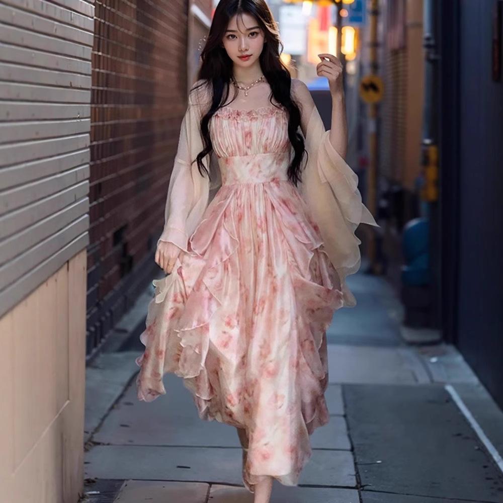 smudge printing fairy lace temperament waist ruffle edge suspender skirt summer fairy long skirt cardigan two-piece set