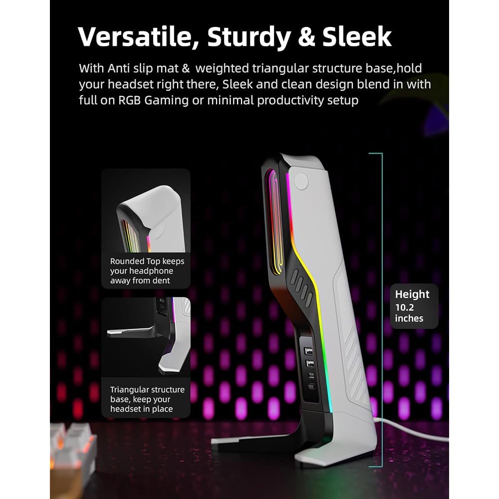 IFYOO RGB Gaming Headset Stand with 2 USB Ports and 1 Type-C Port Black and White Gaming Accessory for PC Xbox PS5 PS4