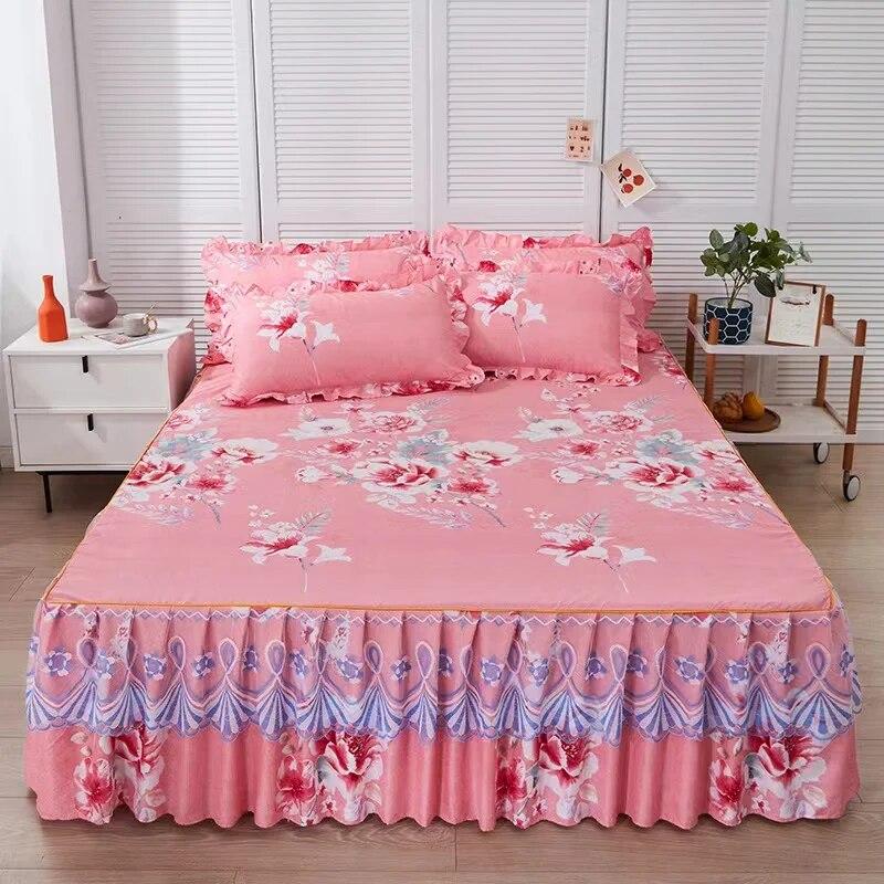 3pcs Set Skin-friendly Lace Bedspread Princess Double Layer Lace Bed Sheet Anti-slip Bed Cover with 2pcs Pillowcase