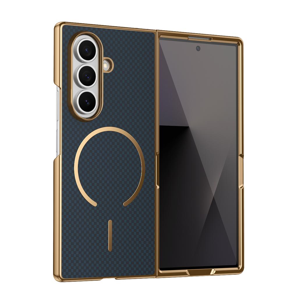 Plating Kavlar Magnetic Phone Case for Galaxy Z Fold 7/6 with Wireless Charging Compatible with Samsung -Includes Tempered Glass