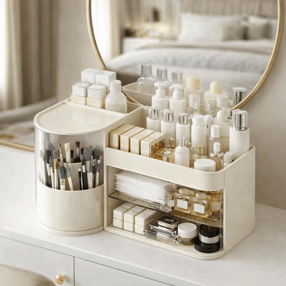 Plastic Cosmetic Storage Box Large Capacity Dust-proof Rotating Brush Holder Space Saving Detachable Skincare Display Cases