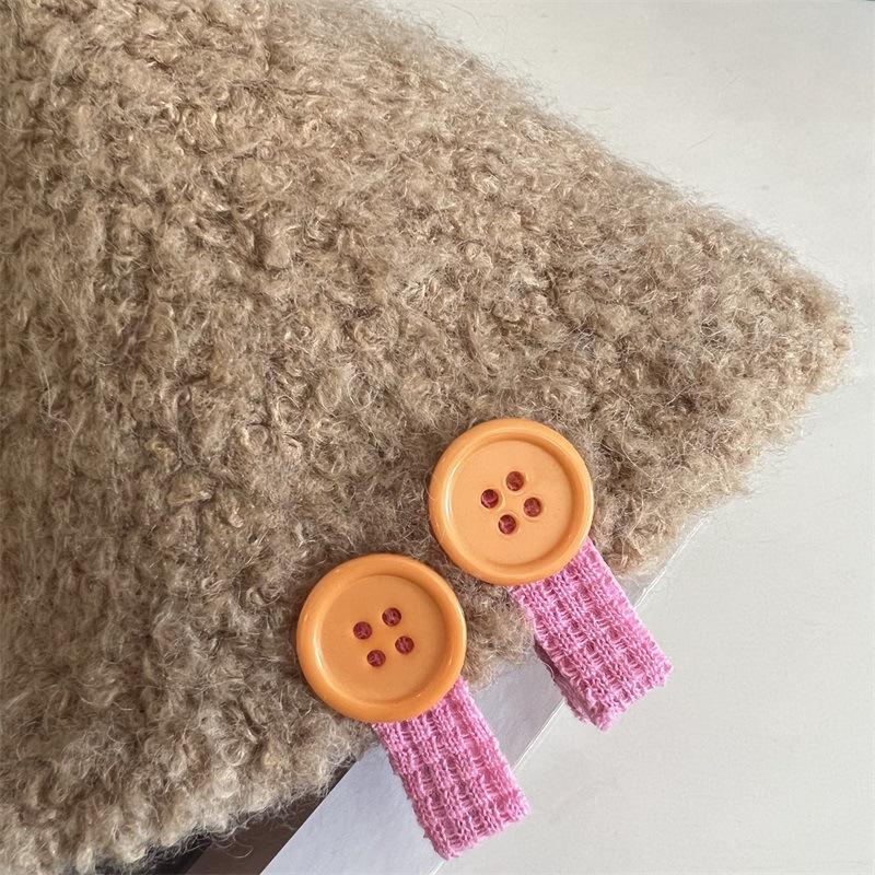 Wool Loop Yarn Thickened Bucket Hat Cute Button Shelf College Wind Small Fresh Warm Fisherman Hat