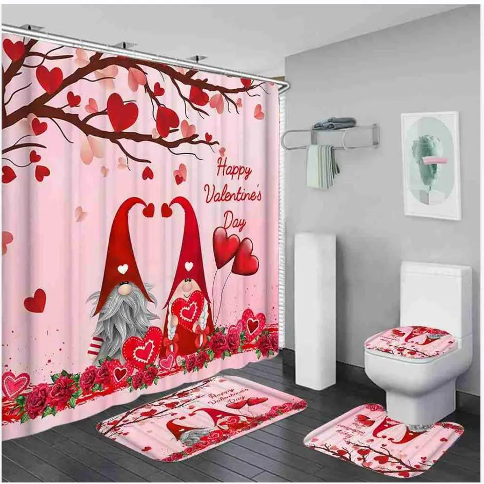 Valentine's Day Bathroom Set Heart Shower Curtain Non-Slip Rugs Toilet Cover U Shaped Bath Mat Red Shower Curtain with 12 Hooks