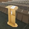 Modern Oak-Colored Wooden Lectern, Adjustable Presentation Stand for Classroom, Mobile Podium with Wheels, 30kg Load Capacity