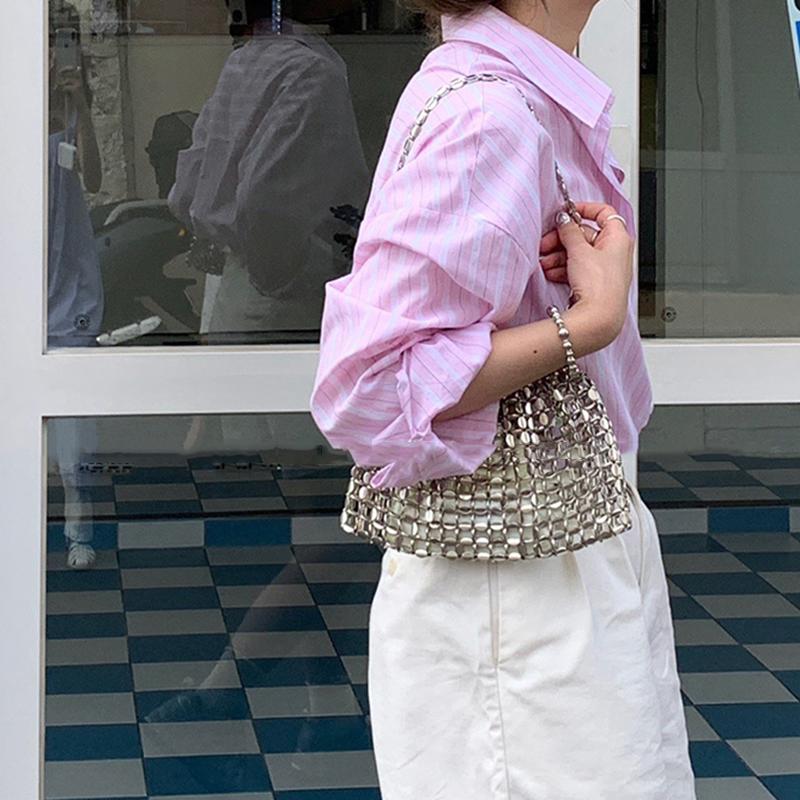 Yogodlns Women Summer Woven Hand Bag Luxury Design Hollow-out Silver Hand Woven Single Shoulder Underarm Bag