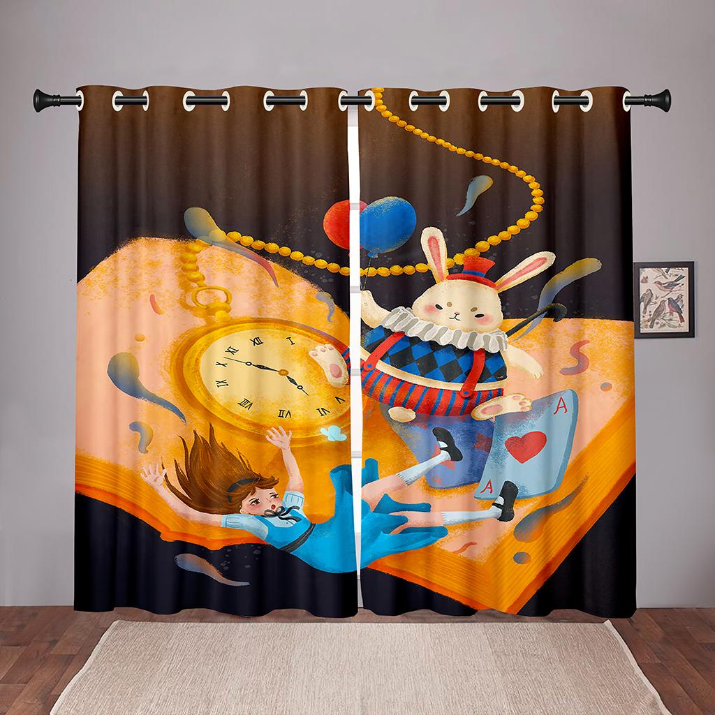 

Фантастический мир Кролик Животное Птица Девочка Шахматная доска Оконные шторы Детская спальня Гостиная Холл Декор для кухни Драпировка W50 X H130(CM)X2&Grommet Top