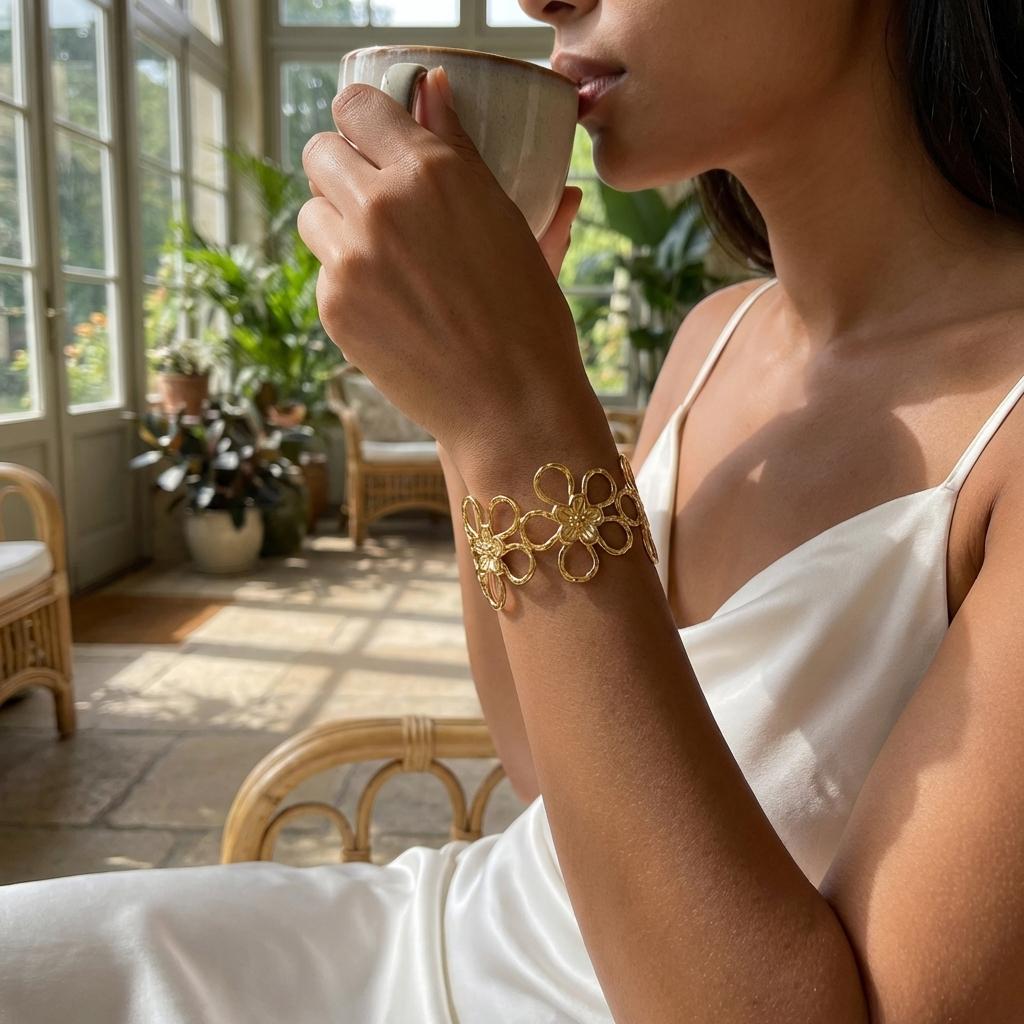 Sweet Hollow Flower Stainless Steel Cuff Bracelet for Women Oversized Gold Color Foral Open Bangle Party Chunky Jewelry Gift