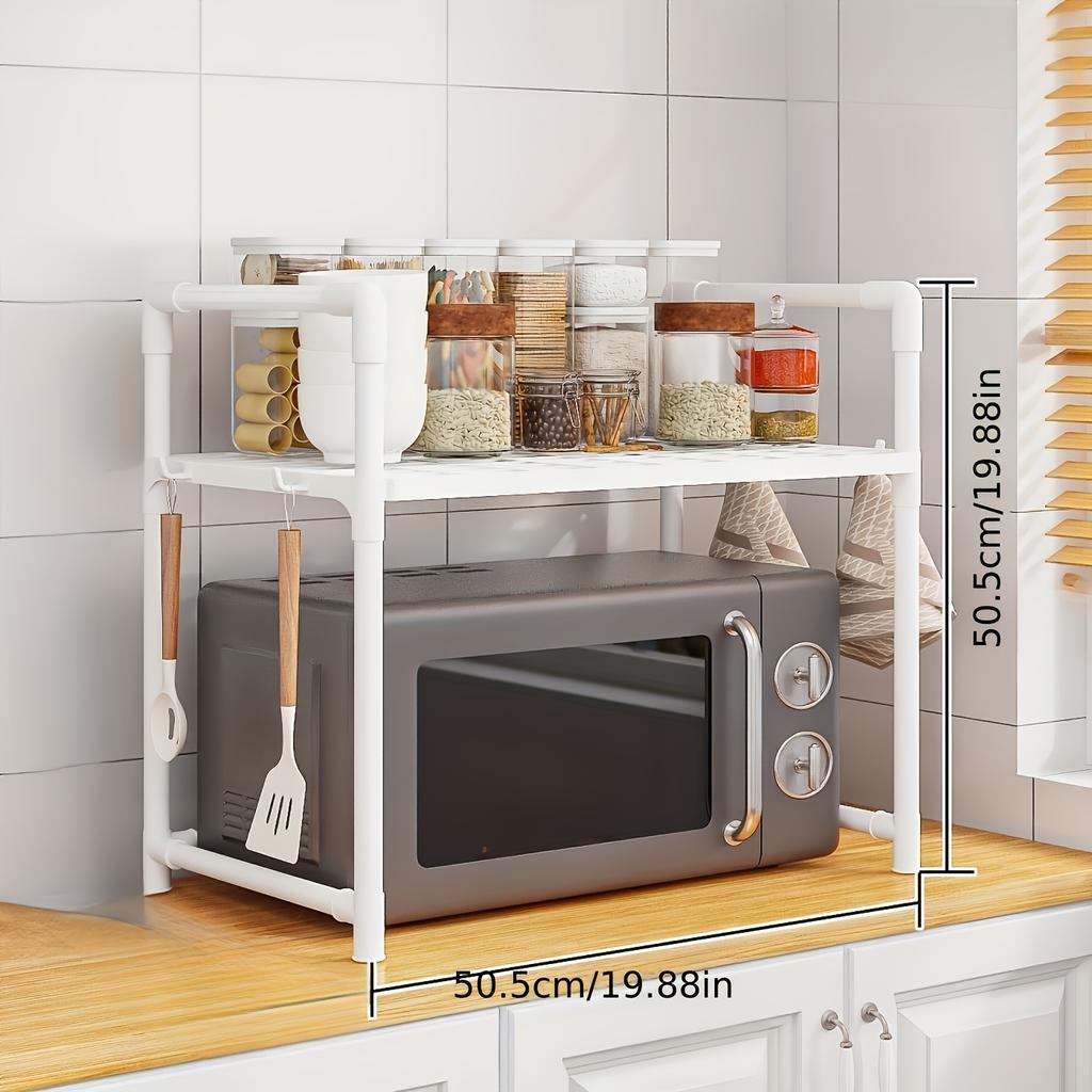 Open Storage Kitchen Rack with Microwave Oven Compartment - Durable Plastic, Two-Tier Design for Efficient Organization, Features Utensil Holders