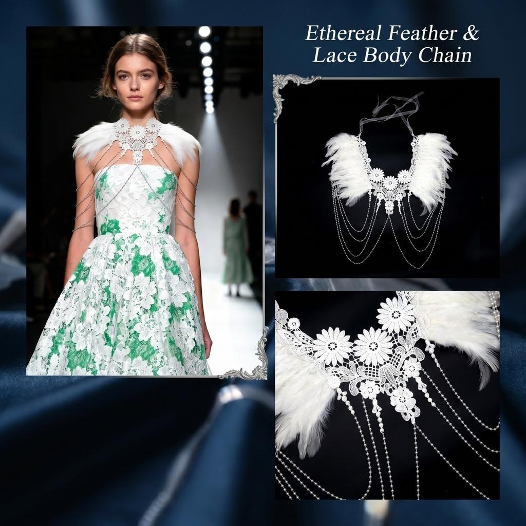Lace Feather Shawl with Chain for Stage Performance and Fashion Costume