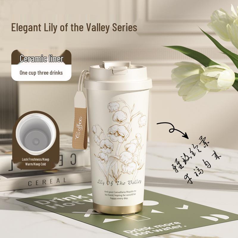 2025 316 Izolovaný hrnek na kávu pro ženy: Elegantní cestovní hrnek s dvojitou stěnou a designem konvalinek