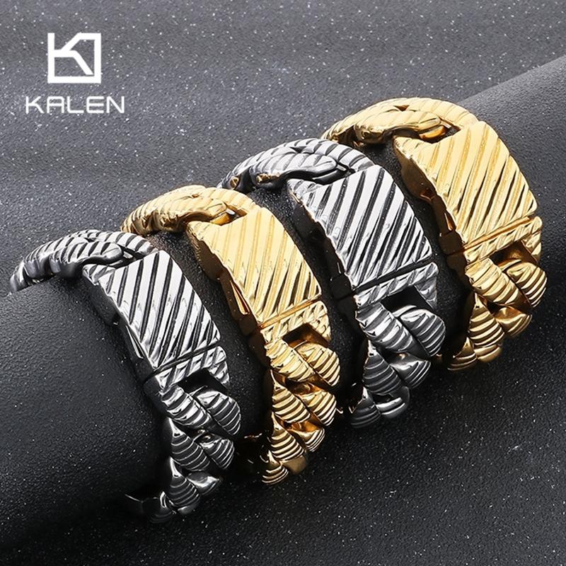 Kalen 20/33mm Stainless Steel Chunky Bracelet for Men Vintage Striped Cuban Chain Cuff Bracelets Personalized Cool Party Jewelry