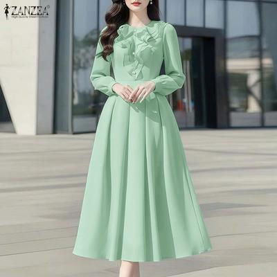 Robe élégante décontractée pour femme, col rond, manches longues, volants, patchwork