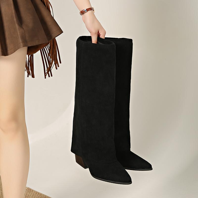 Fashion Fashion Splicing Women Knee High Boots Square Heels Party Stripper Shoes Ladies Autumn Winter Pointed Toe Long Booties