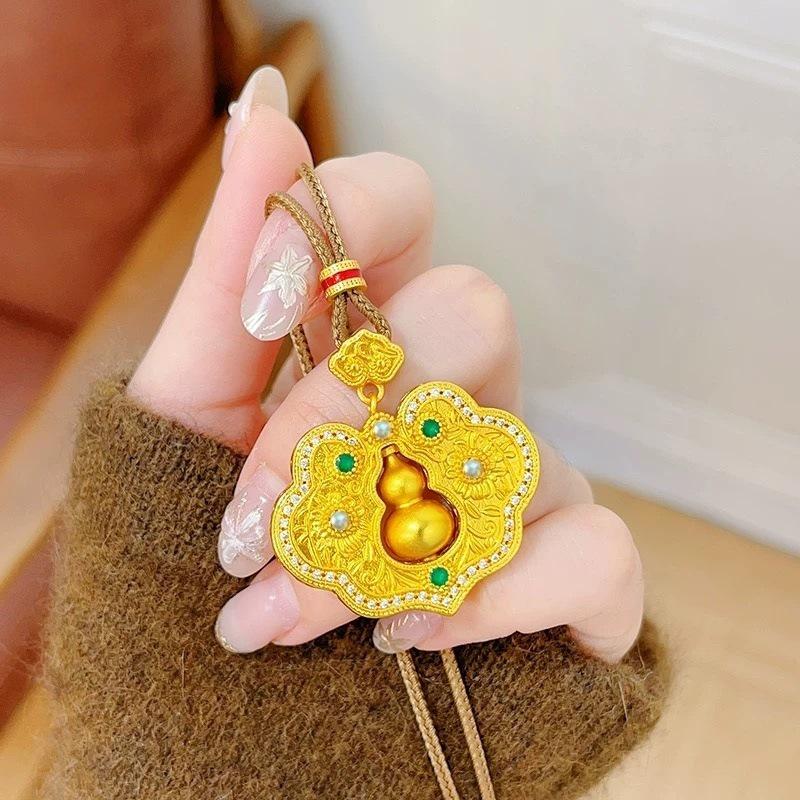 Rotatable Ruyi Gourd Pendant: Chinese Filigree with Diamonds and Auspicious Clouds Design