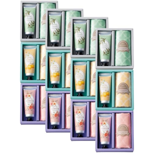Set of 12 Marutatsu Label Hand Cream & Handkerchief Towels (4 of Each of 3 Flavors) + Message Card. Assorted In Garden Olive and Honey. A Popular Smal