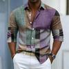 Men's Collar Long Sleeved Shirt with Color Block Splicing and Geometric Printing, Casual Loose Fit Shirt Suitable for Street and