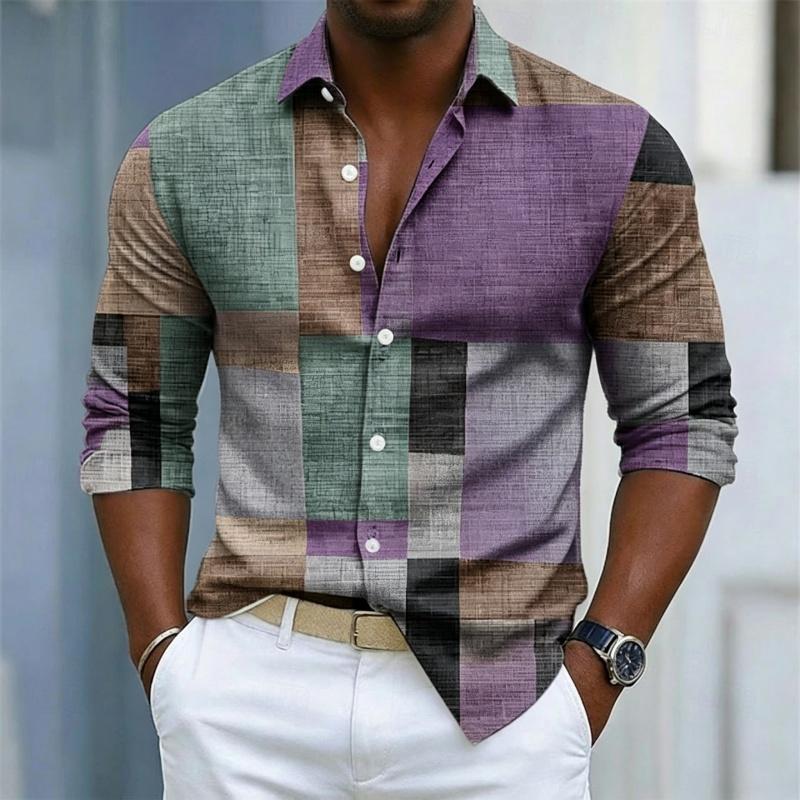 Men's Collar Long Sleeved Shirt with Color Block Splicing and Geometric Printing, Casual Loose Fit Shirt Suitable for Street and