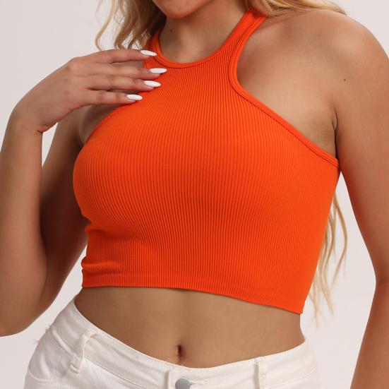 Women Running Vest O-Neck Sleeveless Short Tank Tops Solid Color Ribbed Elastic Fitting Quick Drying Racer Back Vest