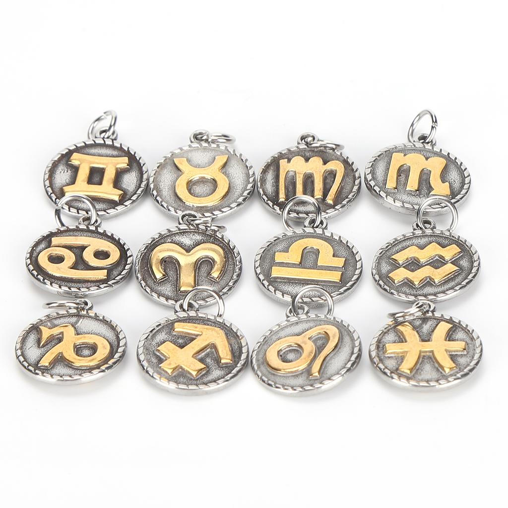 12Pcs Constellations Pendant Stainless Steel Round Shape Decoration DIY Jewelry Supplies