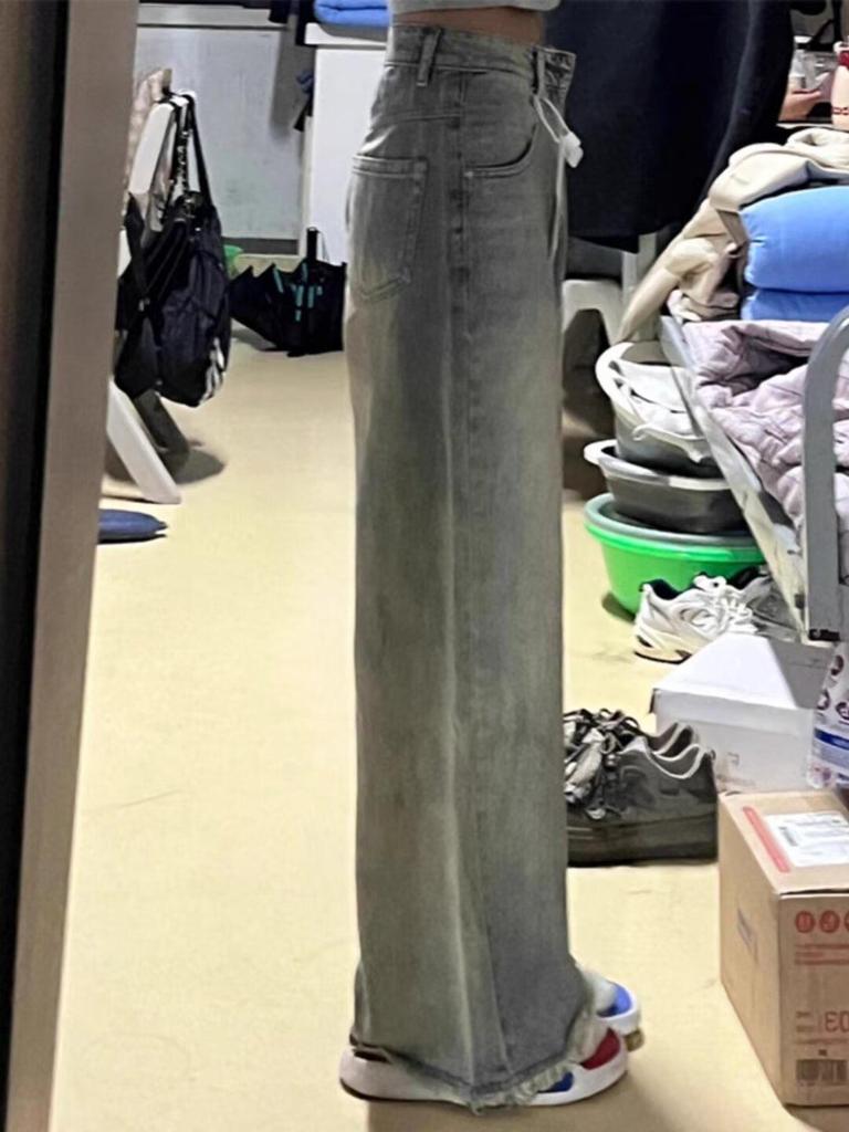 Girls' Distressed Frayed Jeans - 2024 Autumn Loose Wide-Leg Pants for Junior and High School Students