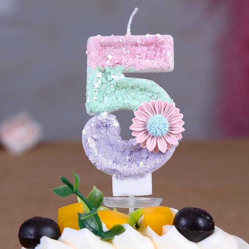 1pc Daisy Digital Birthday Candle Cute Pink Cake Topper Number 0-9 Candles Glitter Black Crown Candles Baby Show Kids Birthday