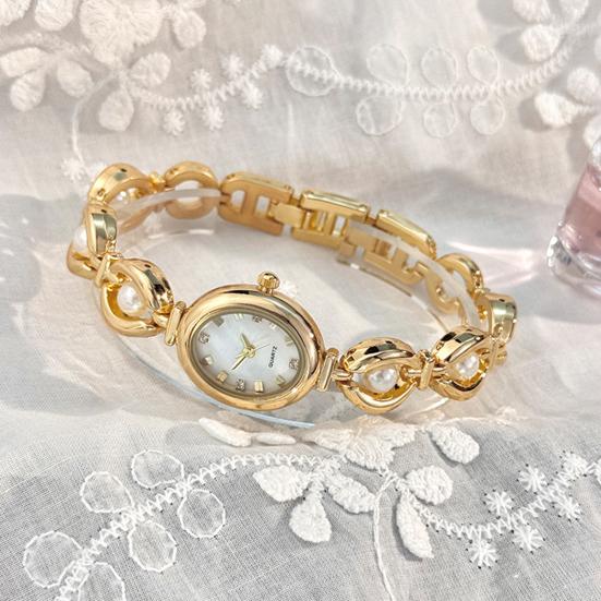 Ladies Oval Dial Watch Elegant Faux Pearl Bracelet Nacre Surface Wristwatch Retro Quartz Watch Luxury Timepiece