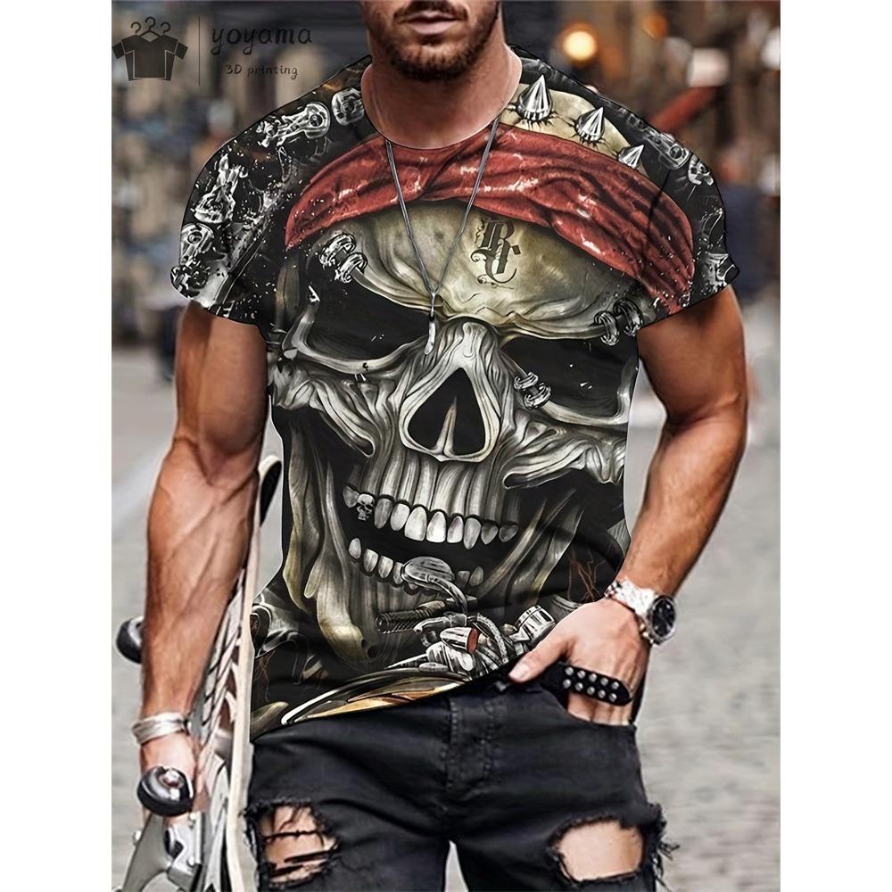 Skräckskalletryck för män T-shirt 3D-tryck Vintage o-halsad kortärmad mode överdimensionerade T-shirts Herr sommar streetkläder
