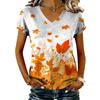 Women's V-Neck Short Sleeve Top with Maple Leaf Print for Casual Everyday Wear