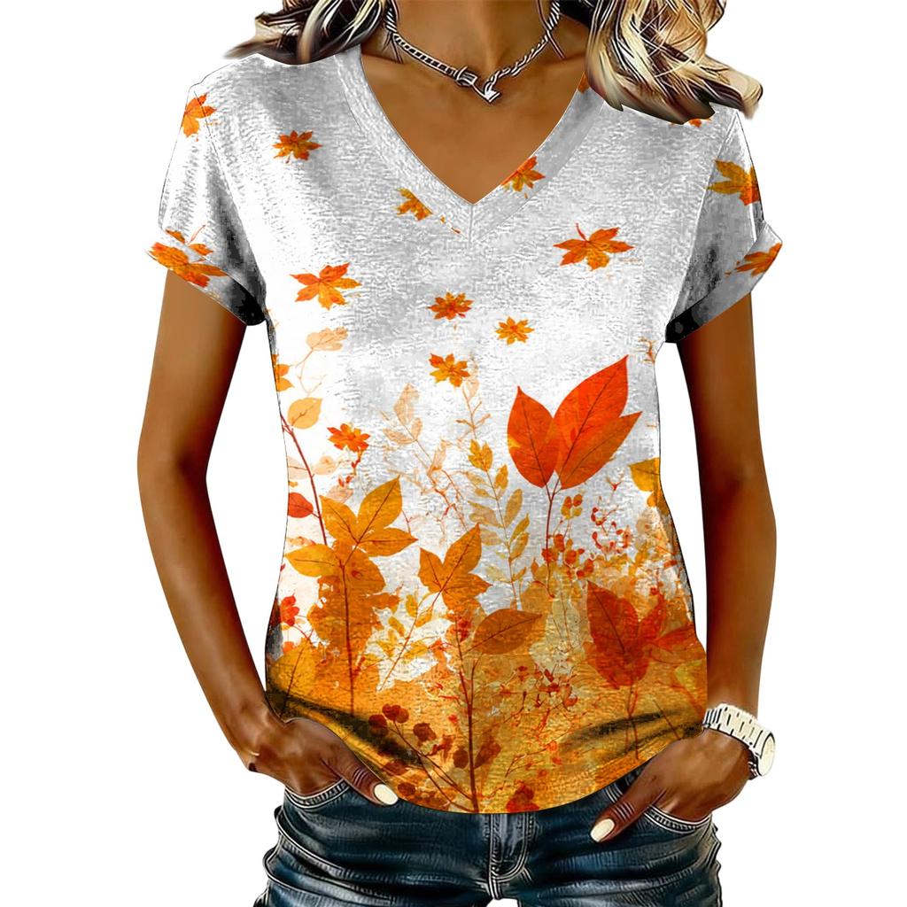 Women's V-Neck Short Sleeve Top with Maple Leaf Print for Casual Everyday Wear