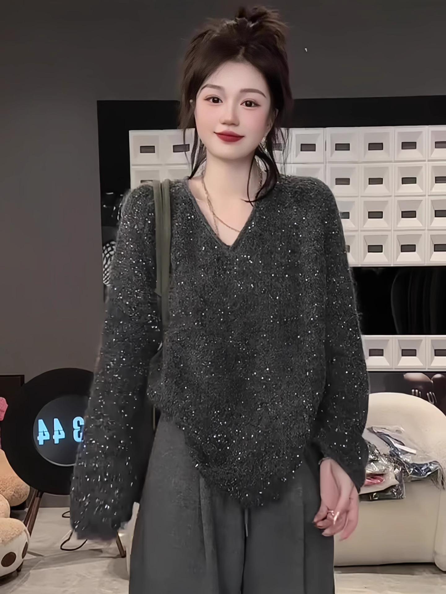 

Элегантный высококачественный свитер с V-образным вырезом и пайетками - Женский модный трикотаж 2025 Small серый