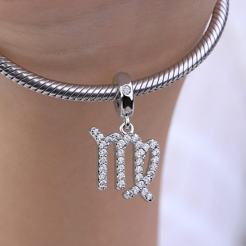 New Copper Twelve Zodiac Signs Birthday Sparkling Zircon Dangle Bead Diy Fit Original Pendant Charm Bracelet Jewelr