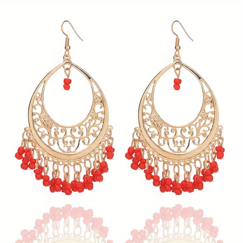 2pcs Bohemian Hollowed Out Rice Bead Tassel Women's Earrings for Vacation and Personalized Accessories