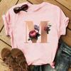 Stylish Gold 26 Letter Floral Print T-shirt Black Oversized for Men And Women Summer Polyester Fabric T-Shirt