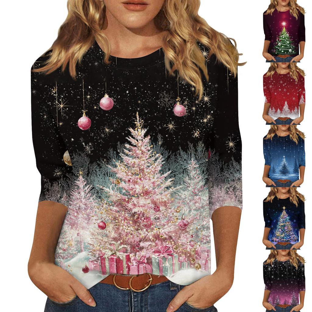Women's Fashion Casual Christmas Printed Round Neck Long Sleeve Pullover Top