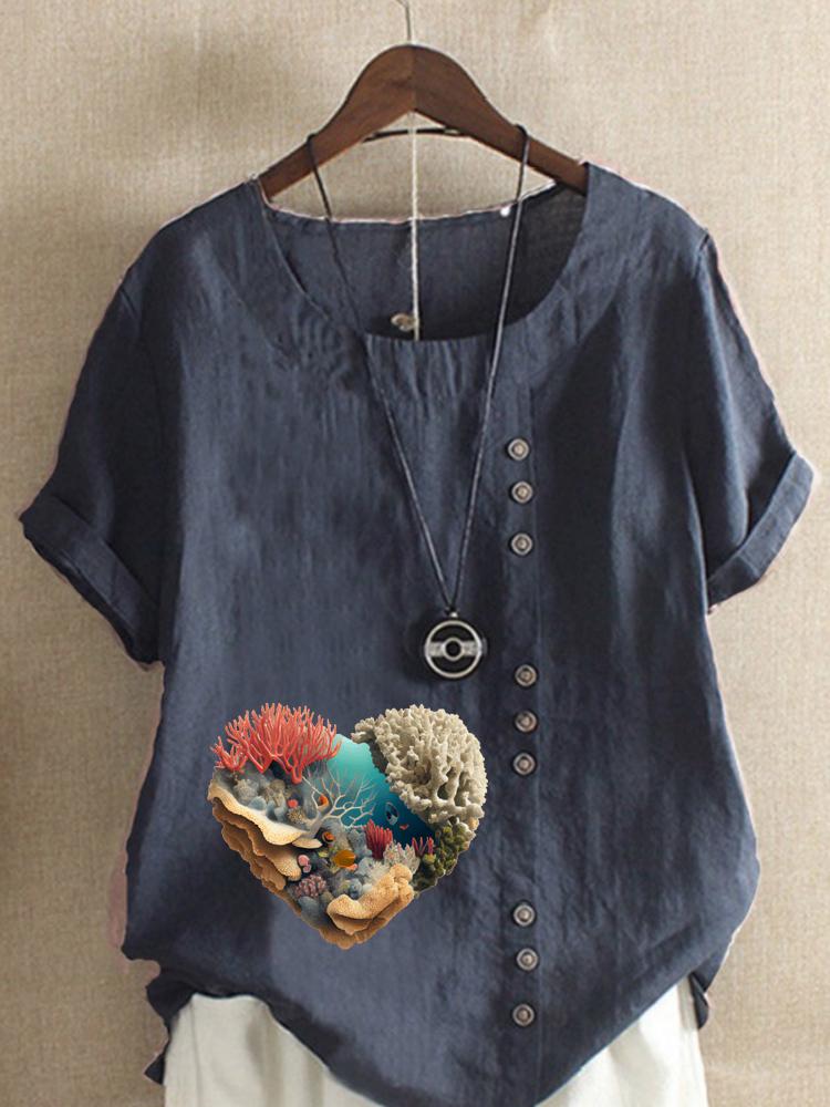 Women's Fashion Coral Heart-shaped Print Shot Sleeve T-shirt Loose Cotton Shirt Casual Loose Summer Blouse Tops Plus Size