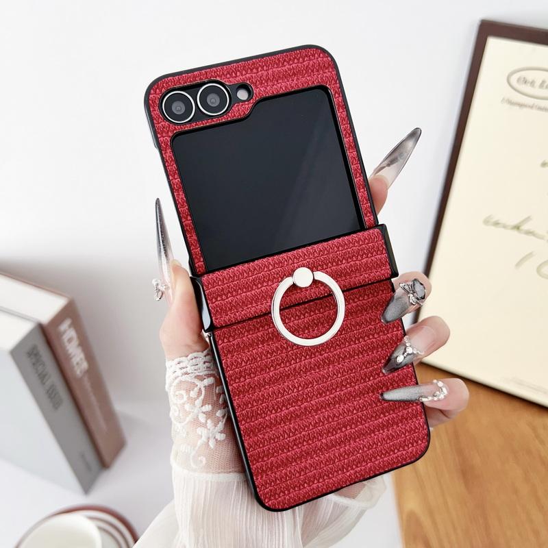 Skórzane etui składane Slim 3-częściowe w jednolitym kolorze w paski dla Samsunga Galaxy Z Flip6 Flip5 Flip4 Flip3 z uchwytem na pierścień, twarde PC, odporne na wstrząsy, matowe etui na telefon