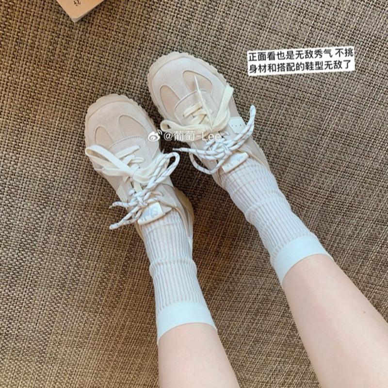 Cowhide version 7cm inner height increase casual sports shoes women's invisible pull legs splicing round head lace-up