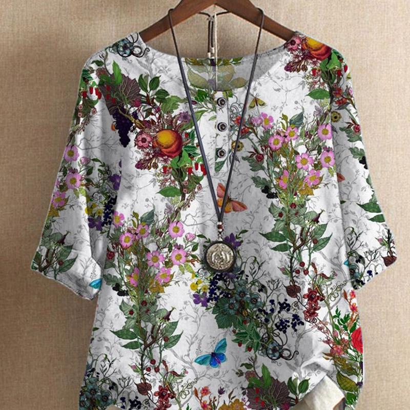 Ethnic Style Women's O-neck Digital Vintage Print Loose Shirt Half Sleeve Blouses Tops Women Harajuku Casual Pullover